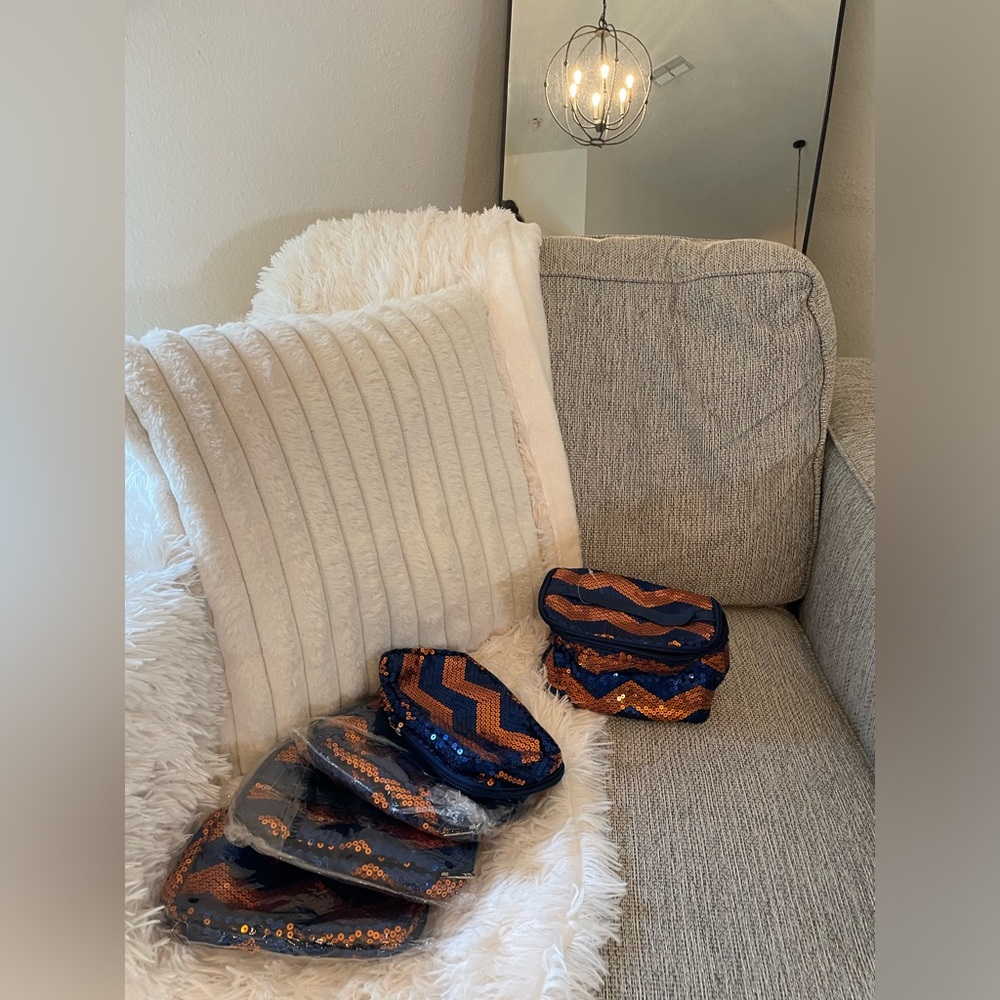 Blue and orange chevron sequin cosmetic bag